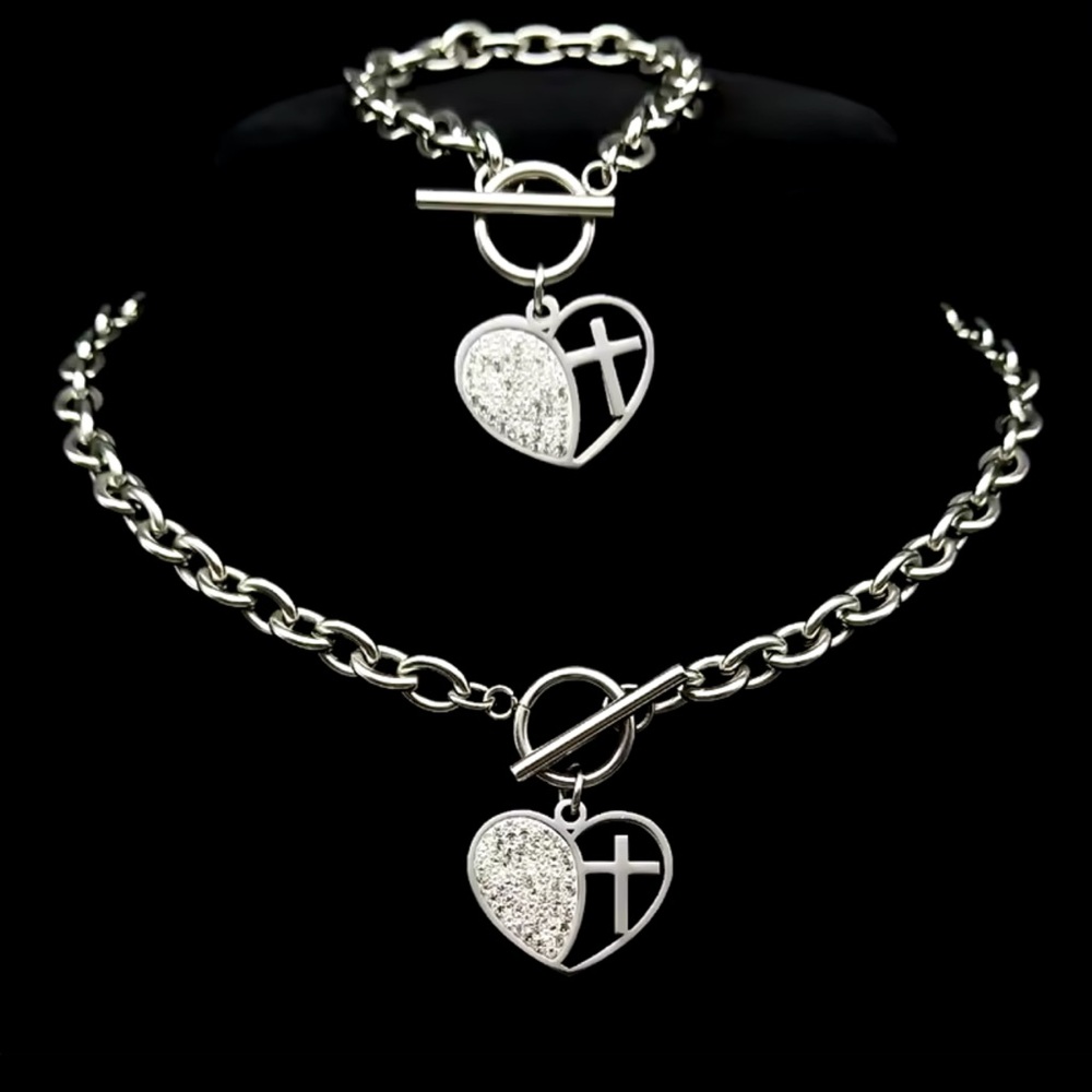 Stainless Steel Clear Rhinestone Heart Cross Pendant Jewelry Set